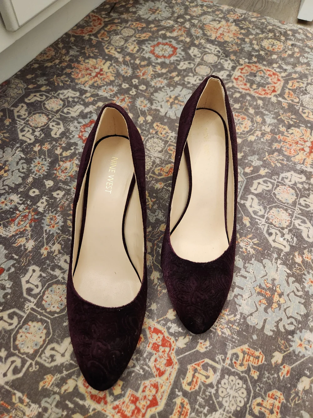 Anne Klein Velvet Block Heel Pumps in Plum